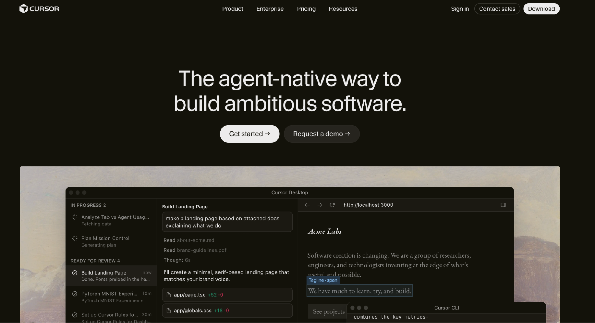 Cursor AI coding editor interface showing agent-powered software development and code generation