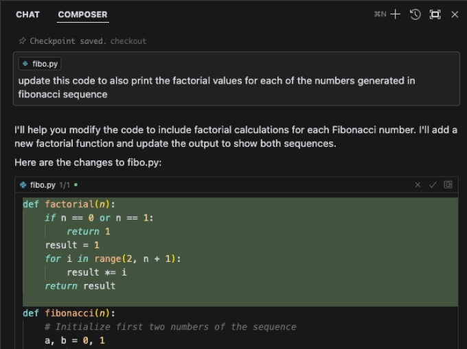 Cursor code editor showing AI-generated Python Fibonacci and factorial code with inline editing controls