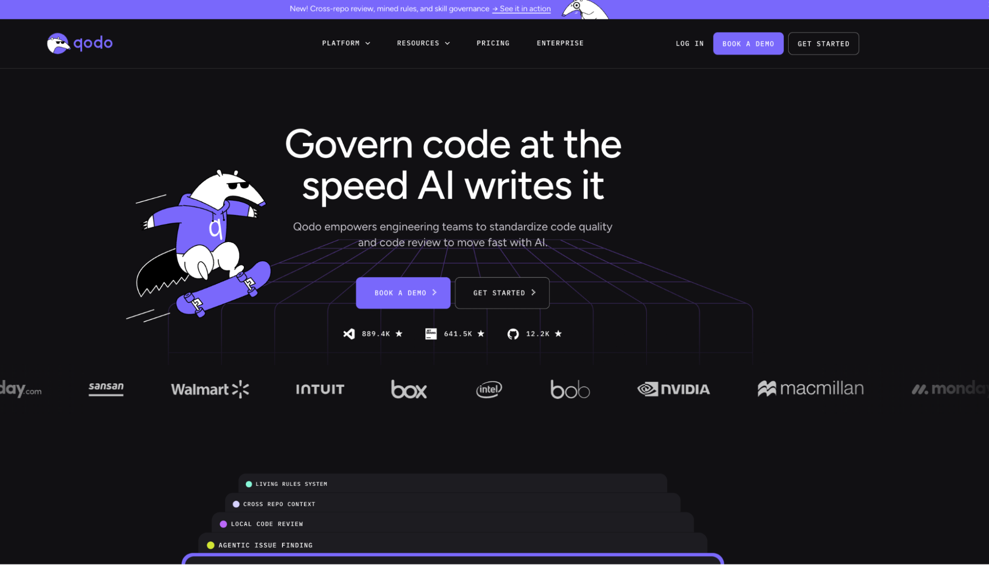Qodo AI code review interface showing automated code analysis and governance features for developers