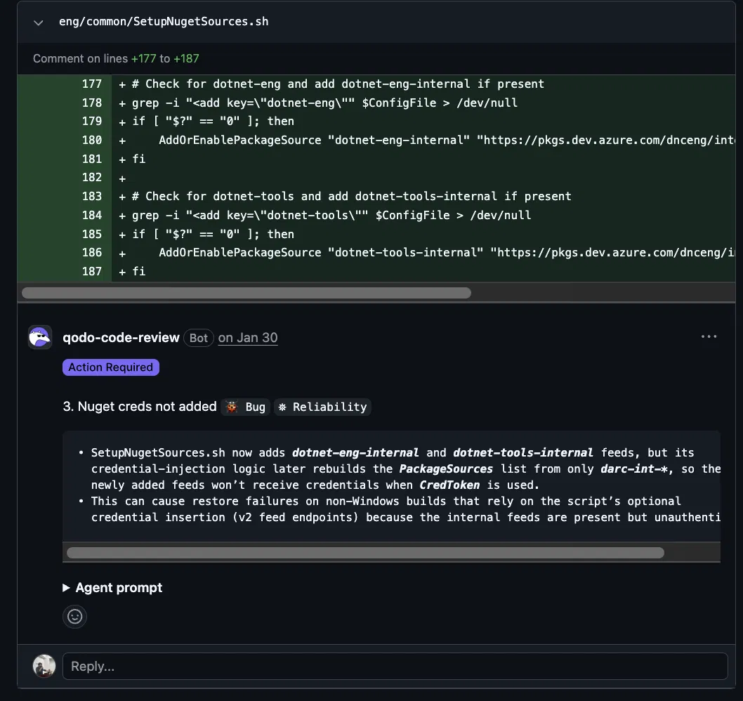 Qodo inline PR comment identifying missing credential injection for newly added NuGet package sources