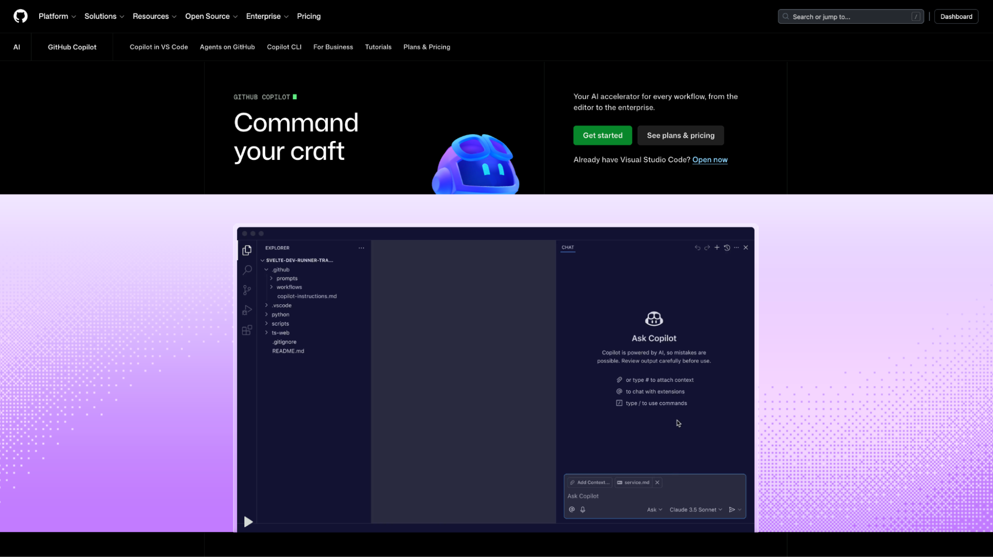 GitHub Copilot homepage showing the "Command your craft" interface and chat panel