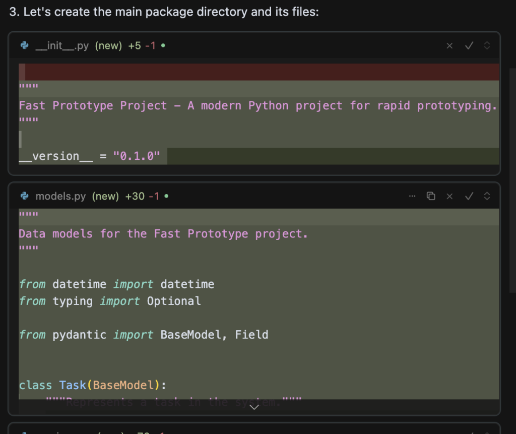 Python project setup showing __init__.py with version and models.py defining data models using Pydantic