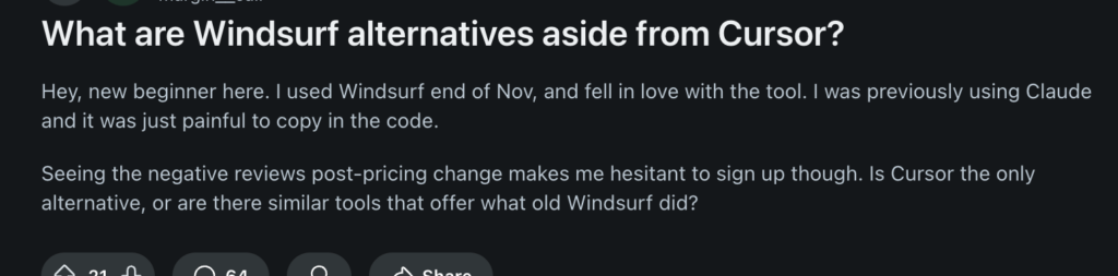 what are windsurf alternatives aside from cursor reddit thread