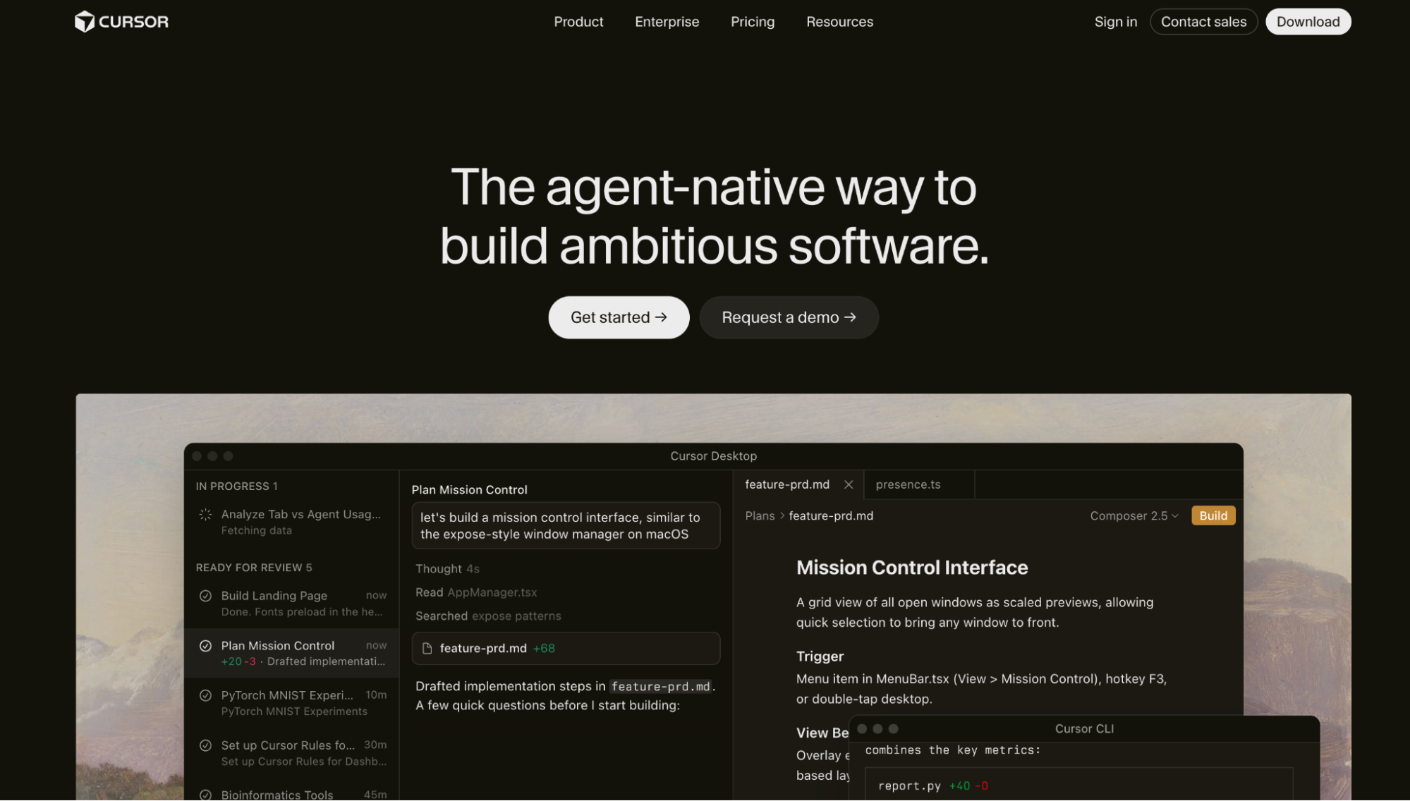 Cursor homepage showing the agent-native AI code editor interface