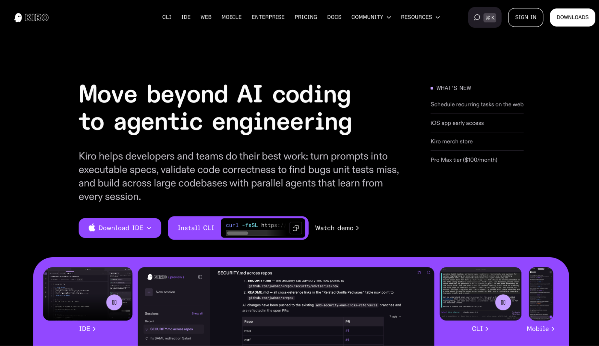 Kiro homepage showing spec-driven agentic engineering across IDE, CLI, and mobile
