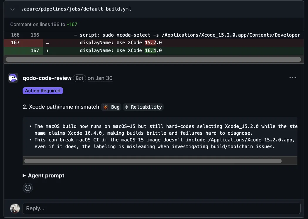 Qodo inline PR comment flagging an Xcode path and display name mismatch in a CI build configuration file