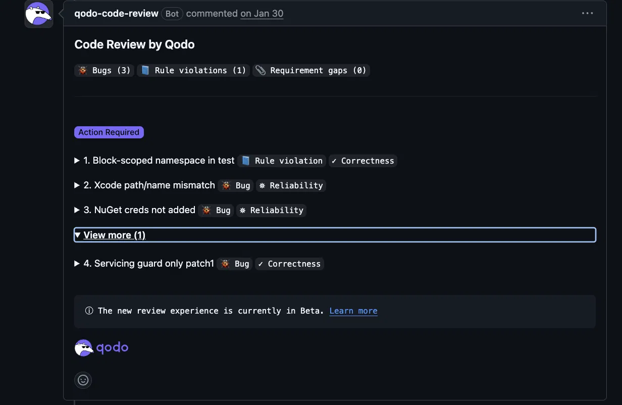 Qodo automated code review summary on a dotnet/aspnetcore pull request showing bugs, rule violations, and requirement gaps