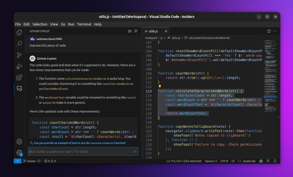 GitHub Copilot suggesting JavaScript code improvements in VS Code.