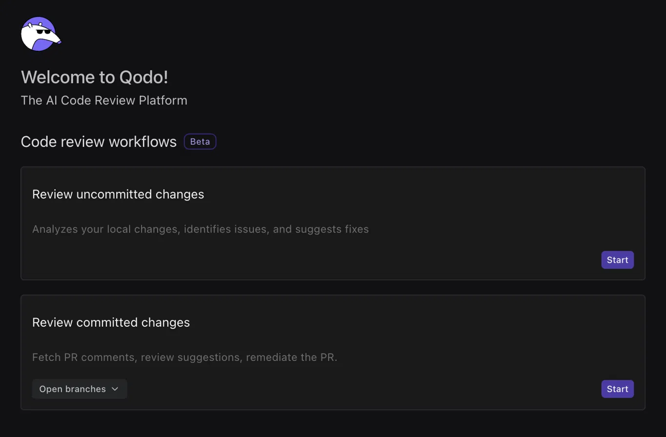 Qodo IDE plugin interface showing "Review uncommitted changes" and "Review committed changes" workflow options