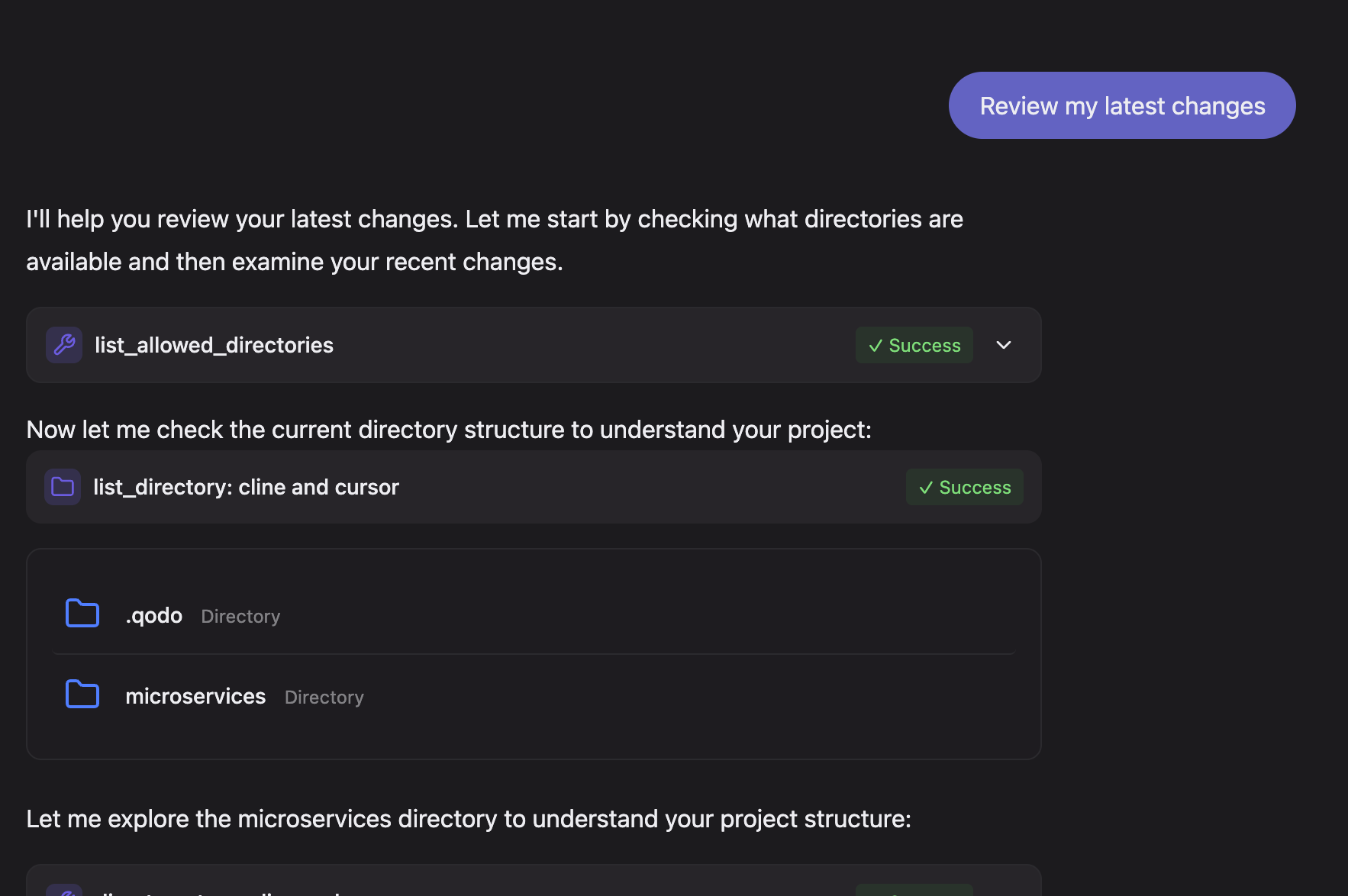Qodo AI assistant reviewing project directory structure with microservices and .qodo folders