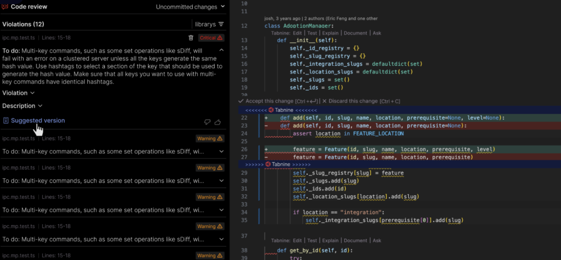 Code review panel showing multi-key command warnings on the left and Python code changes with suggested edits highlighted on the right.
