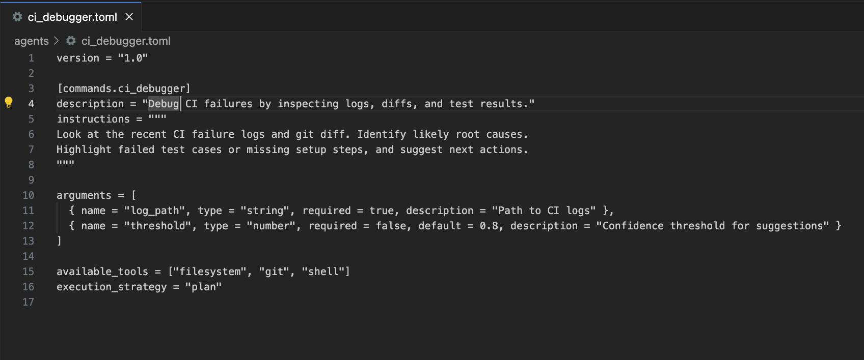 CI debugger configuration file with log analysis and git diff parameters