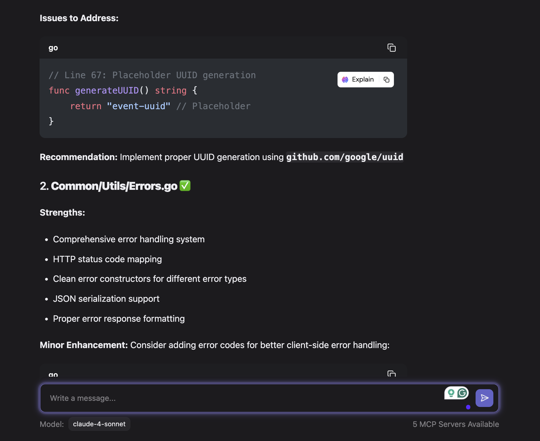 Qodo AI assistant code review suggesting UUID improvement and highlighting Go error handling strengths