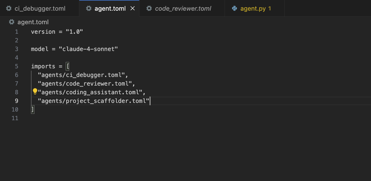 TOML configuration for Claude 4 agent with CI debugger and code tools imports