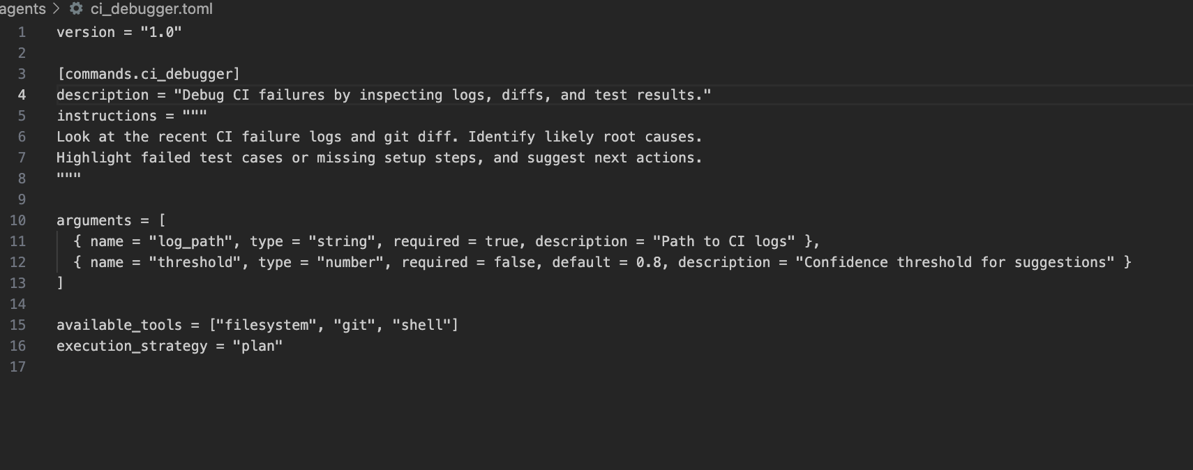 CI debugger configuration in TOML format for analyzing logs, diffs, and test failures.