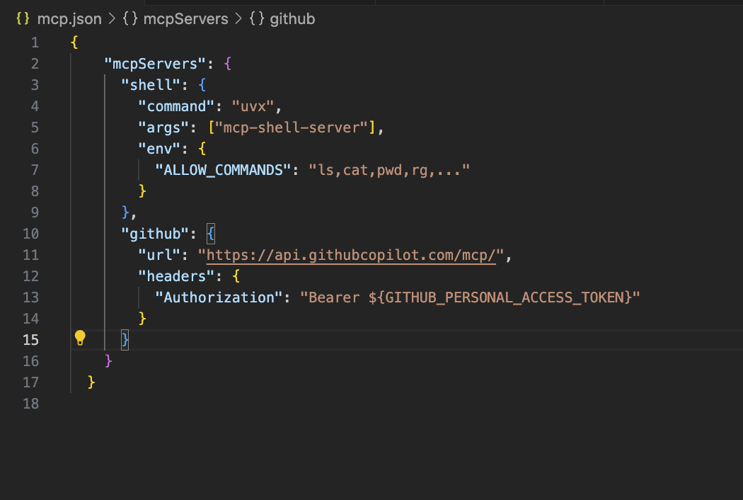 mcp.json configuration for GitHub Copilot API and shell server commands 