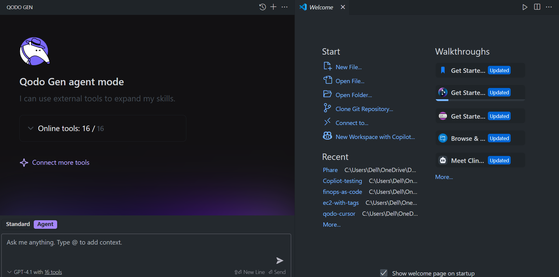 Qodo Gen agent mode active in VS Code with all 16 tools online and project startup options