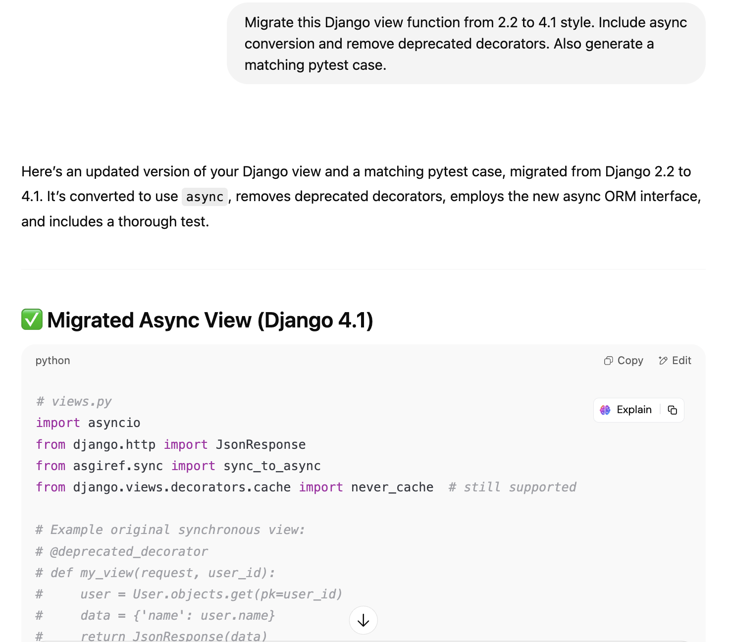 Django view function migrated to async style with matching pytest case in updated code snippet.