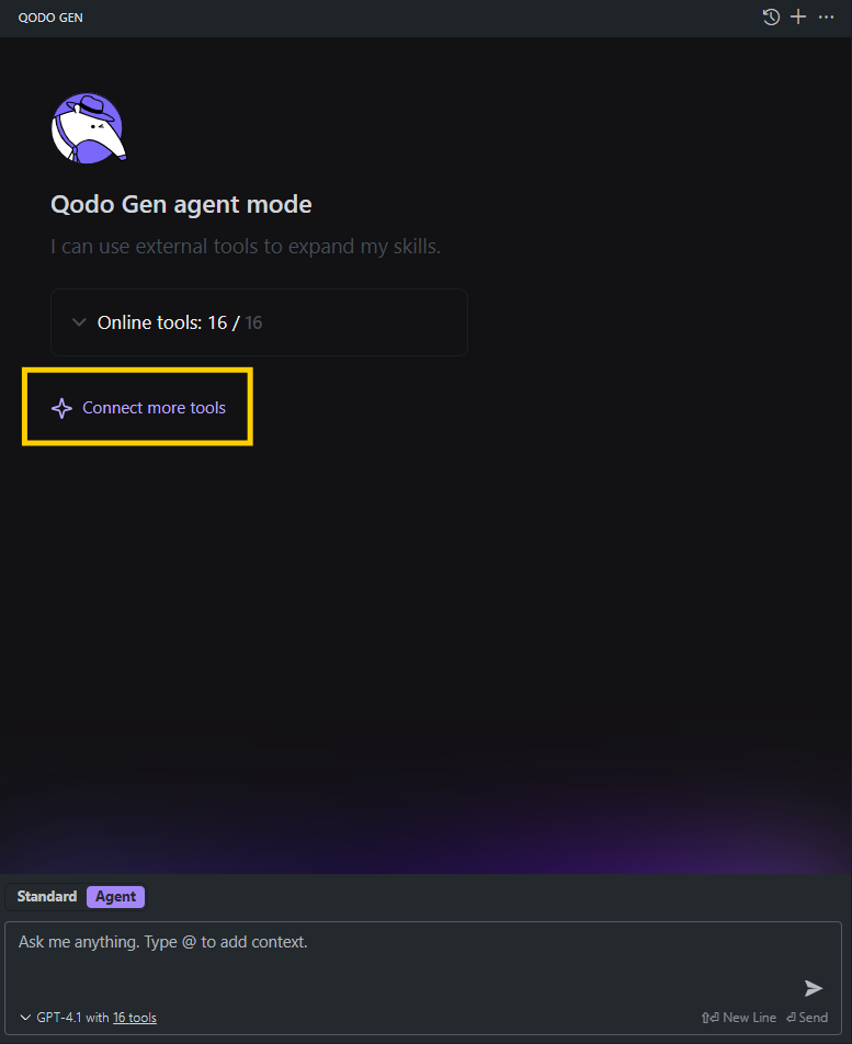 Qodo Gen agent mode interface highlighting 'Connect more tools' option with 16 tools online