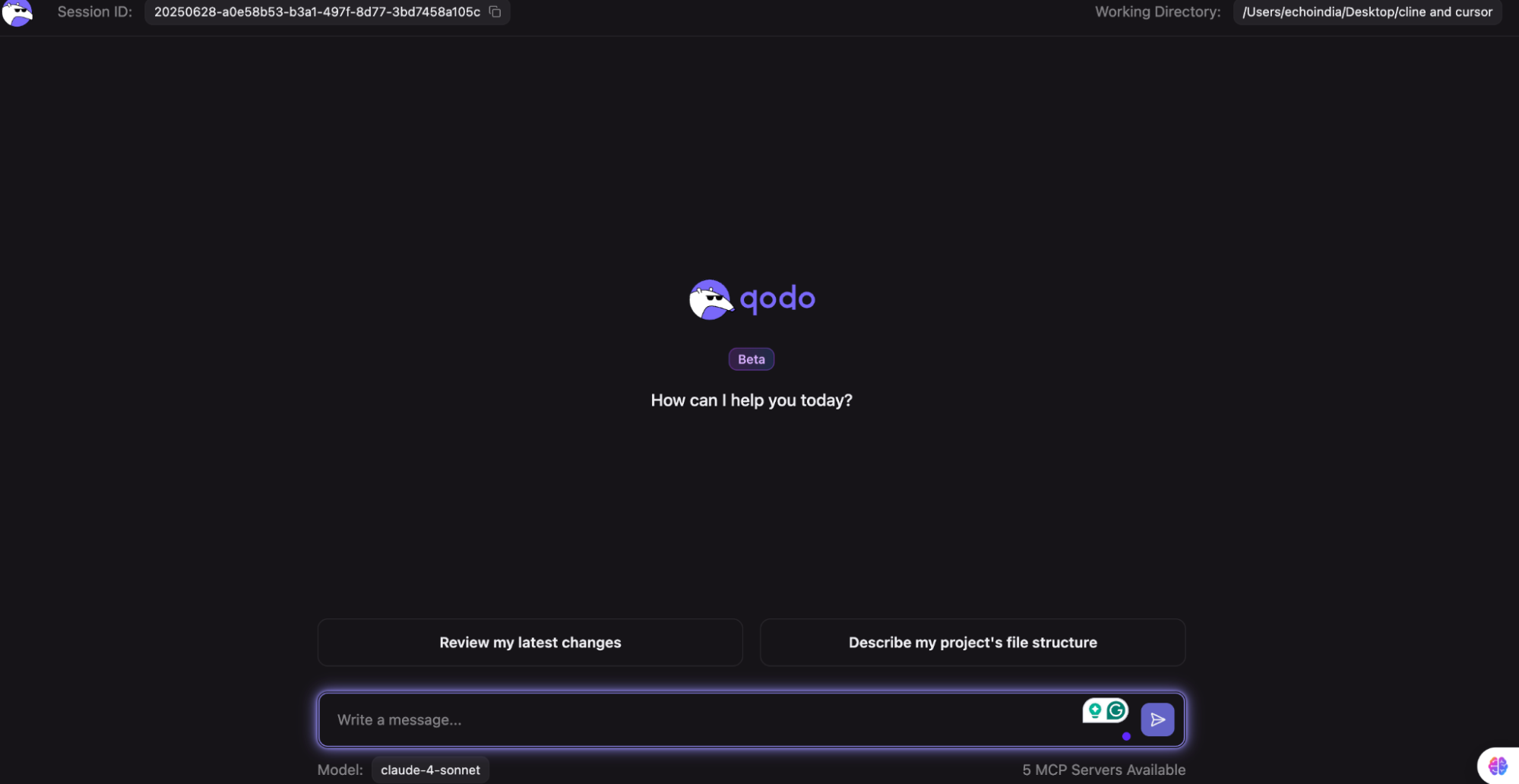 Qodo AI coding assistant interface with Claude-4-sonnet model and file structure tools