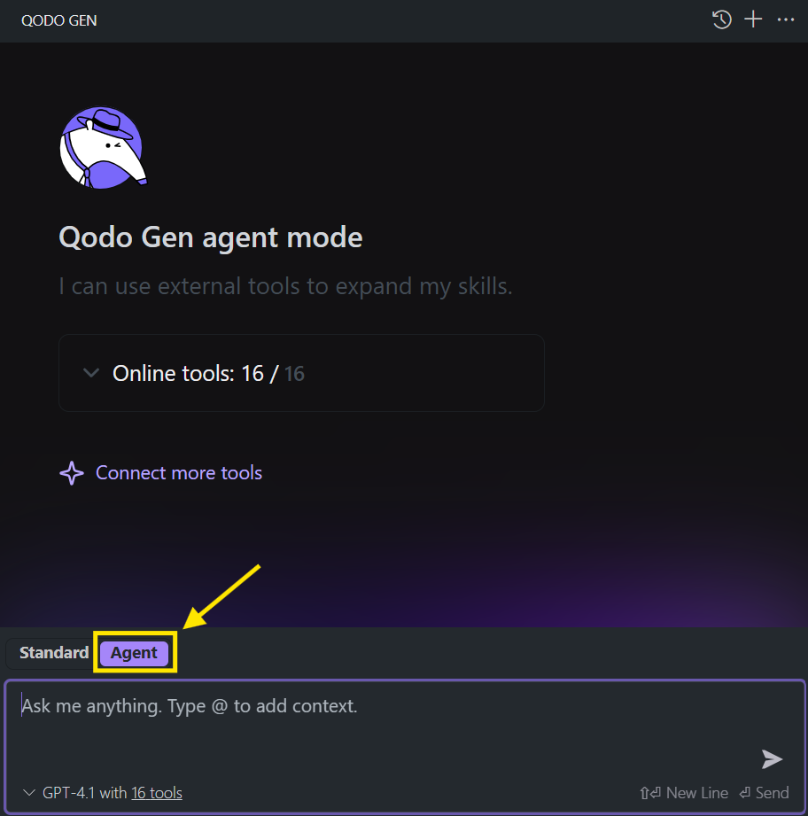 Qodo Gen agent mode interface in VS Code showing connected tools and project options
