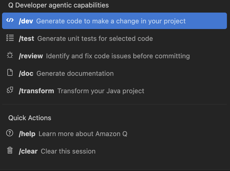 Amazon Q Developer command menu with options like /dev, /test, /review, /doc, and /transform.