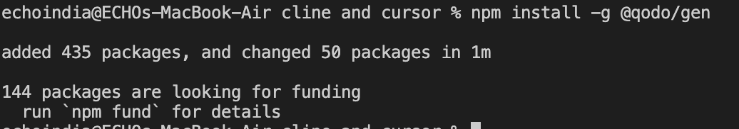 Terminal output showing global installation of @qodo/gen using npm.