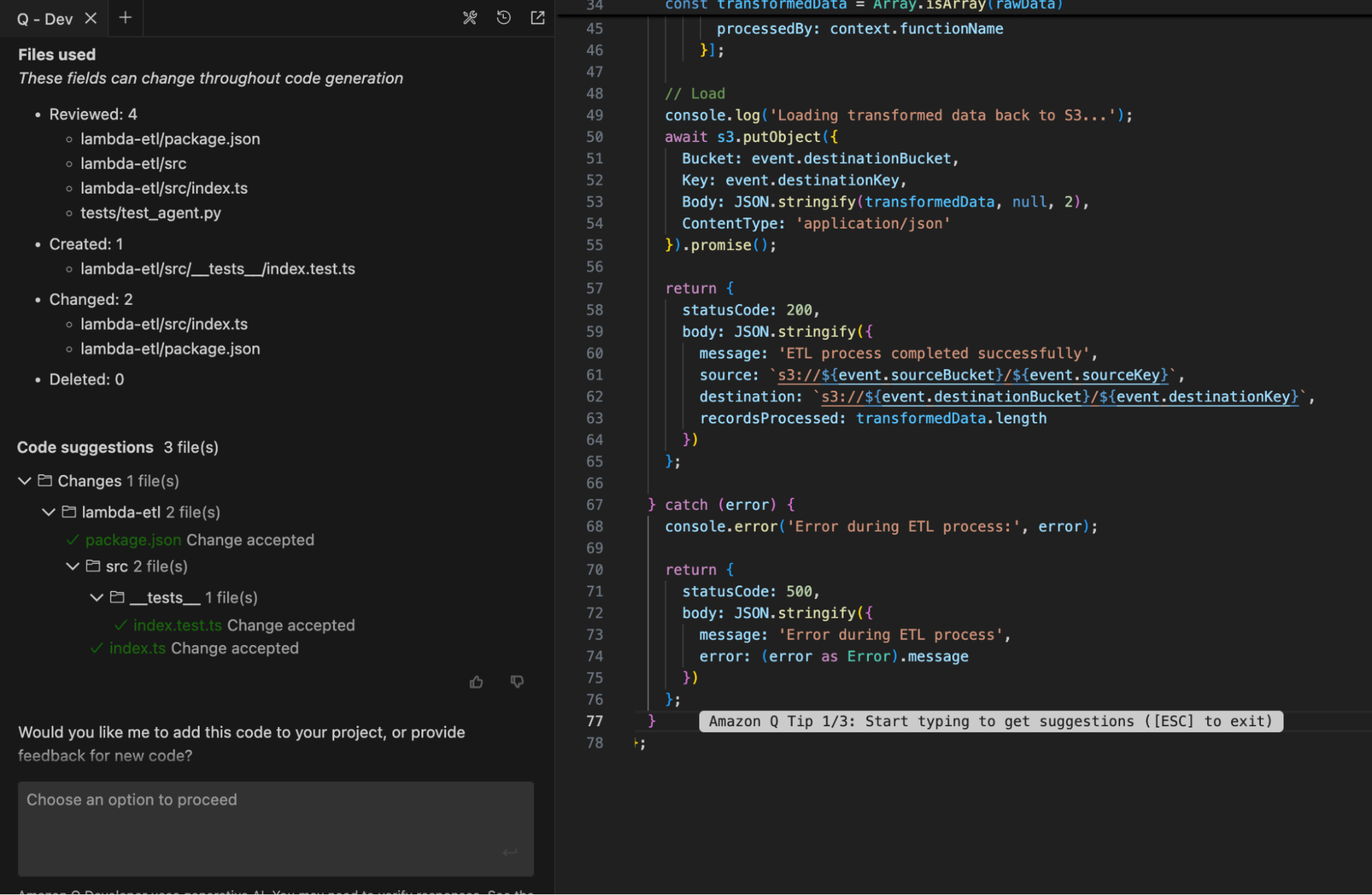 Amazon Q Developer code editor showing code changes, suggestions, and file updates.