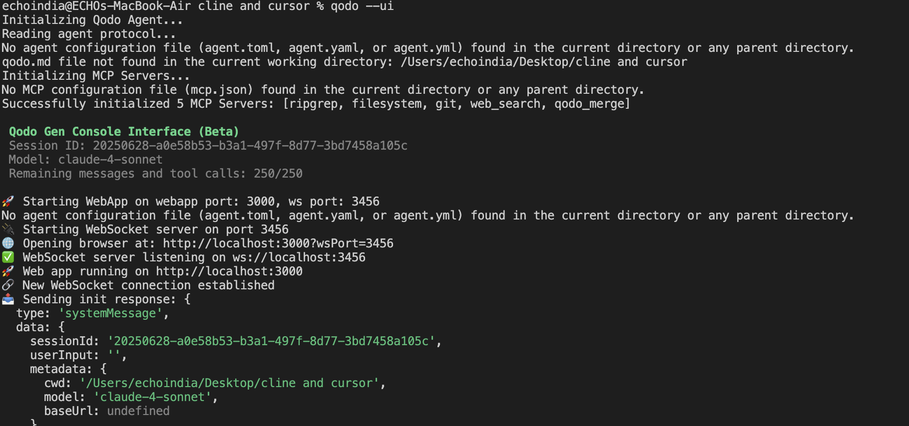 Qodo Gen Console interface showing Claude-4-sonnet model initialization and WebSocket server setup
