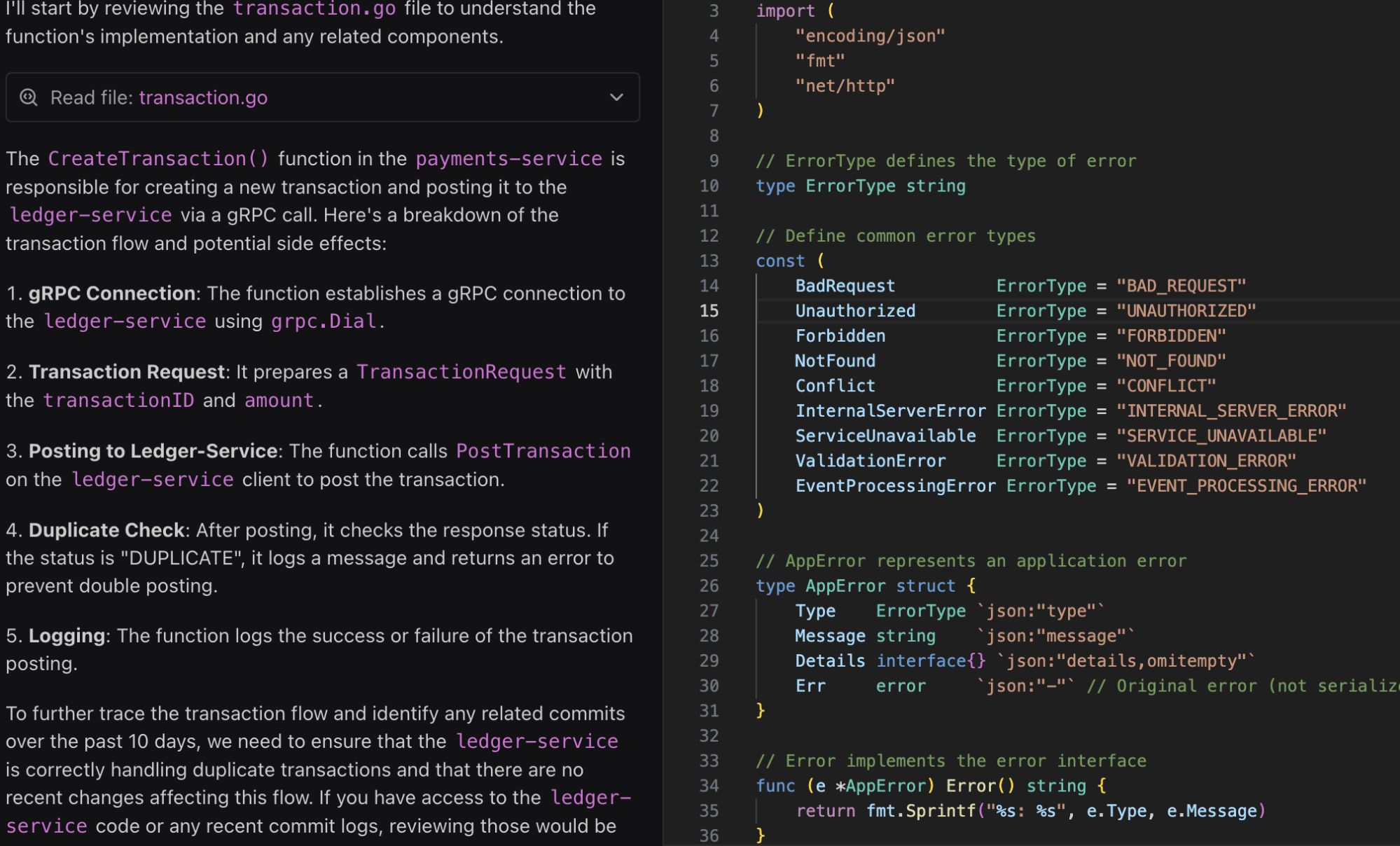 Split view of code review notes explaining CreateTransaction() logic and Go code defining common error types and an AppError struct.
