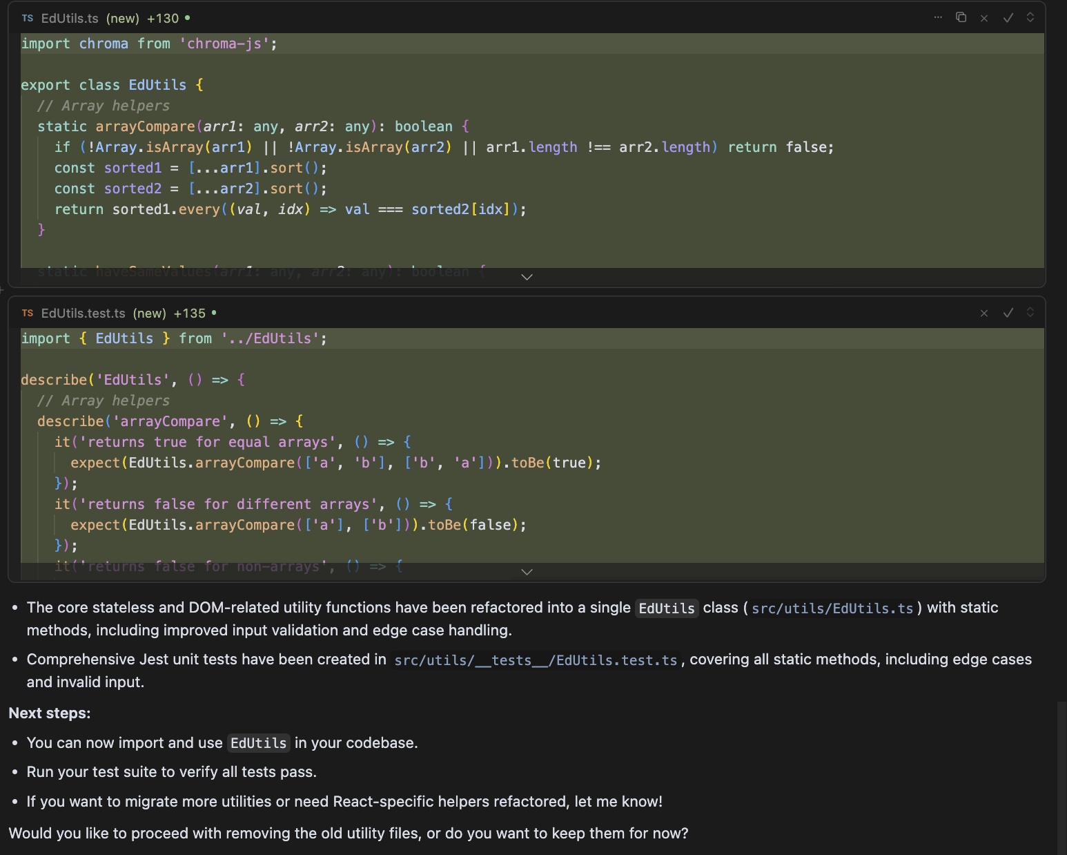 Refactored EdUtils class with static methods and Jest tests in TypeScript using Amazon Q Developer."