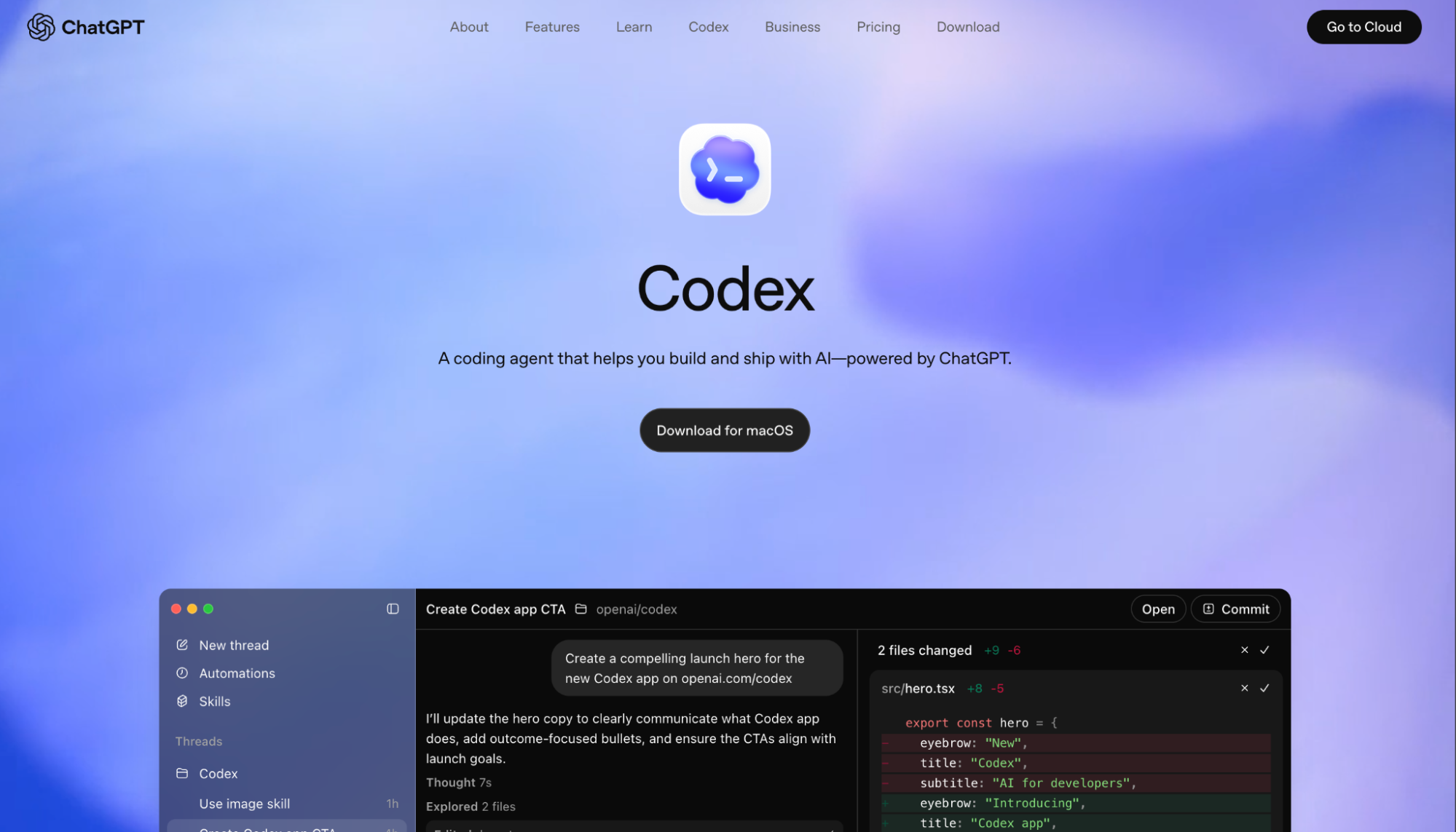 OpenAI Codex app landing page with "A coding agent that helps you build and ship with AI—powered by ChatGPT" and a Download for macOS button