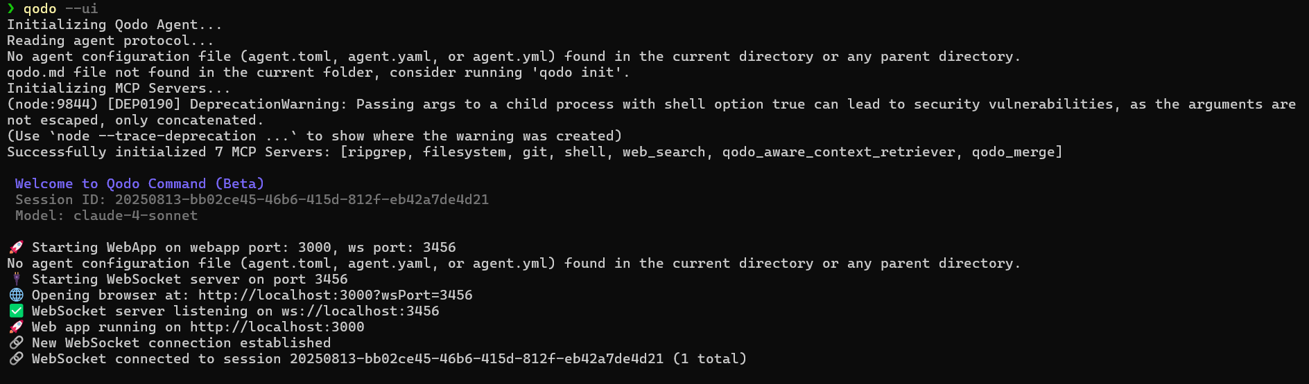 Terminal output showing Qodo Agent initialization, MCP servers setup, and WebSocket connection established