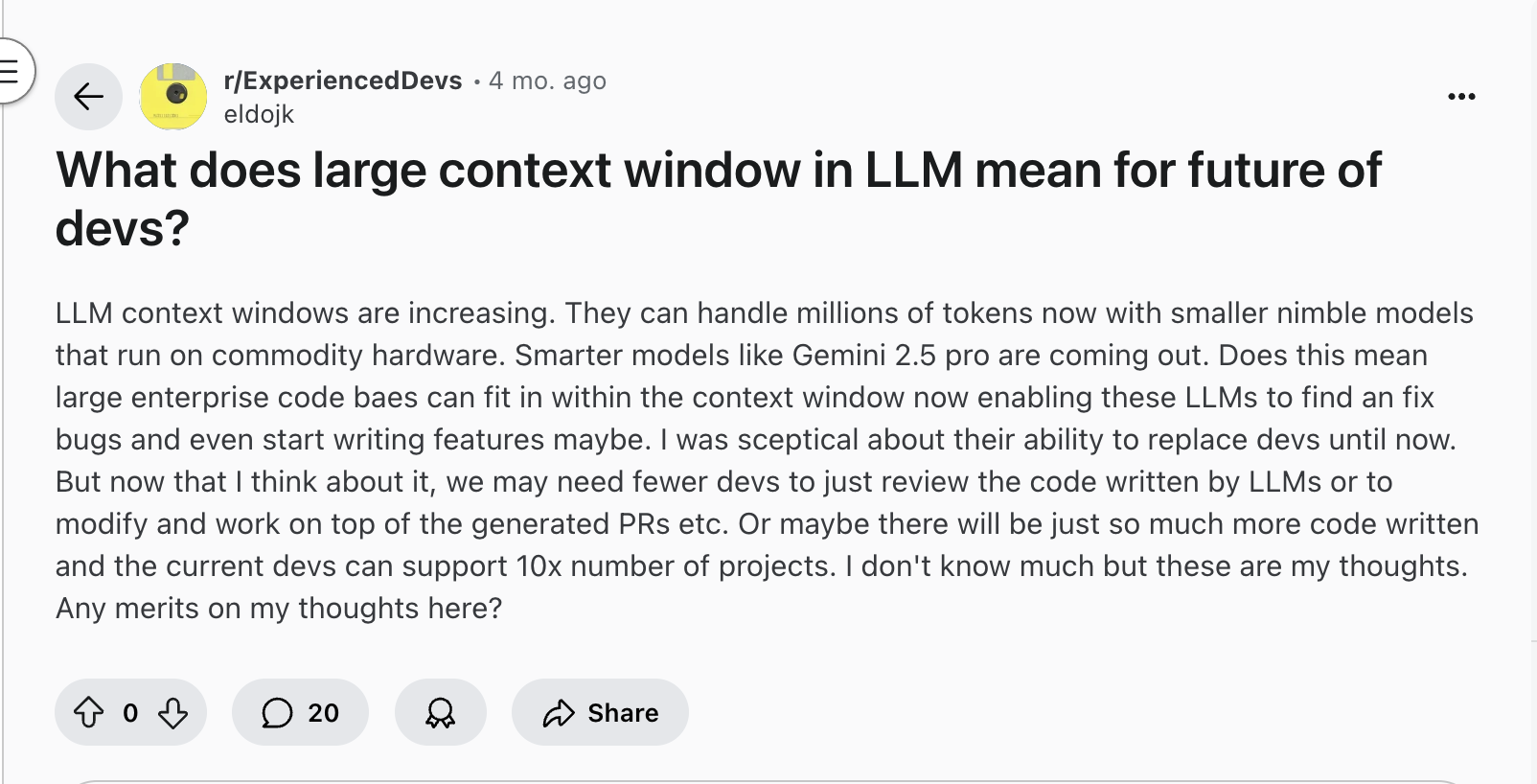 One Reddit user in r/ExperiencedDevs asked how large context windows could reshape developer workflows.