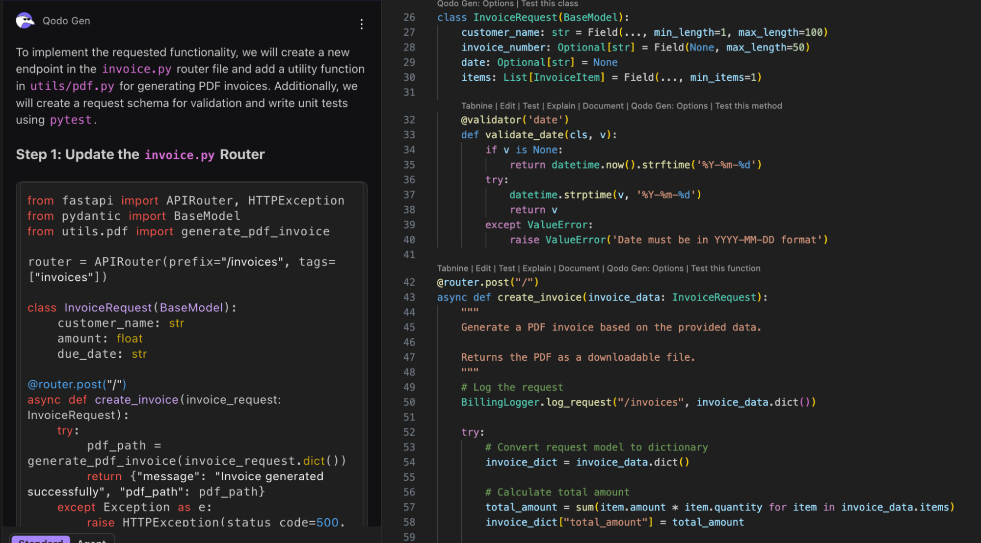 Qodo Gen to build a REST API to generate PDF invoices that had to follow our existing service patterns.