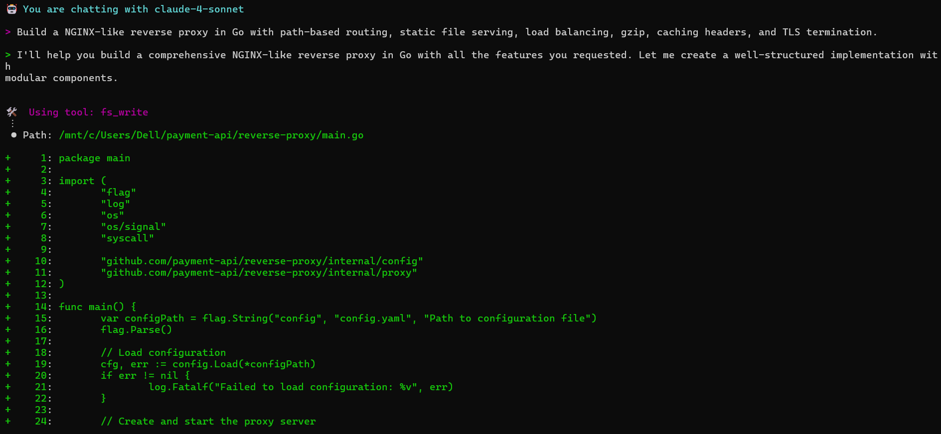 Q generated a full project structure with separate internal packages, configuration, middleware, and deployment tooling