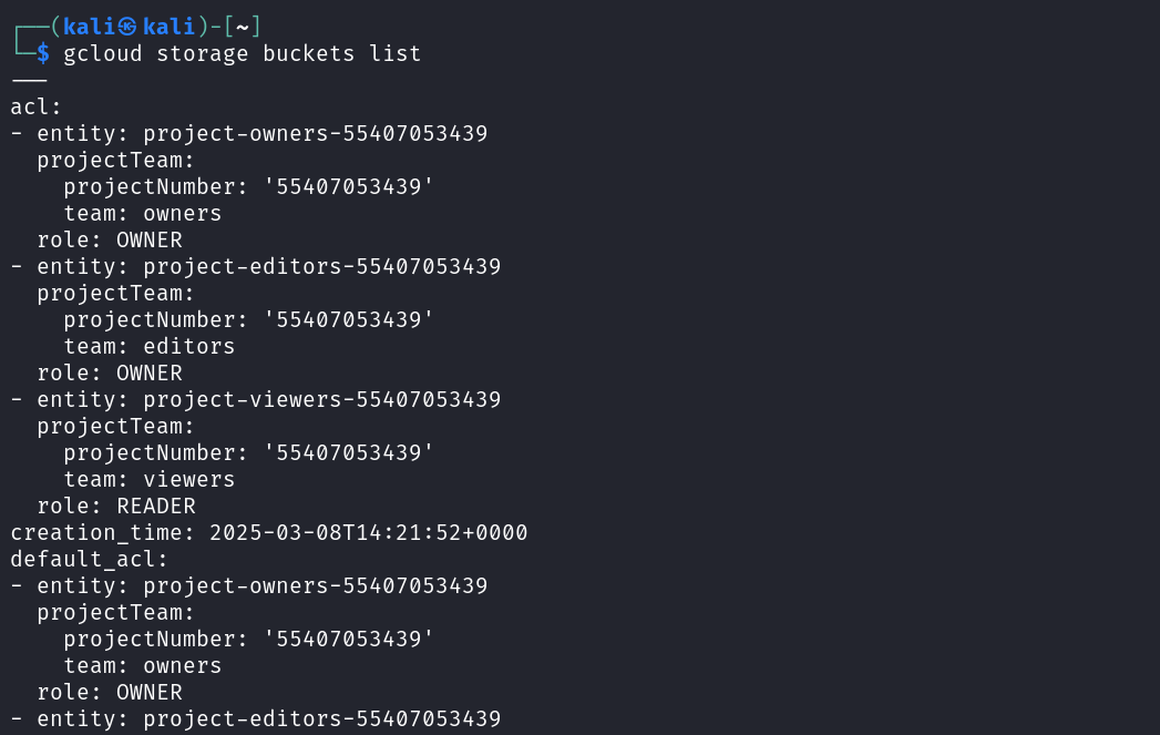 gcloud command 'gcloud storage buckets list' output with project owners, editors, viewers, roles, and creation time details