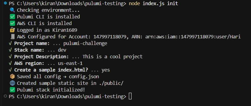 PowerShell terminal showing Pulumi project initialization with AWS CLI setup, project configuration, stack creation, and sample static site deployment.