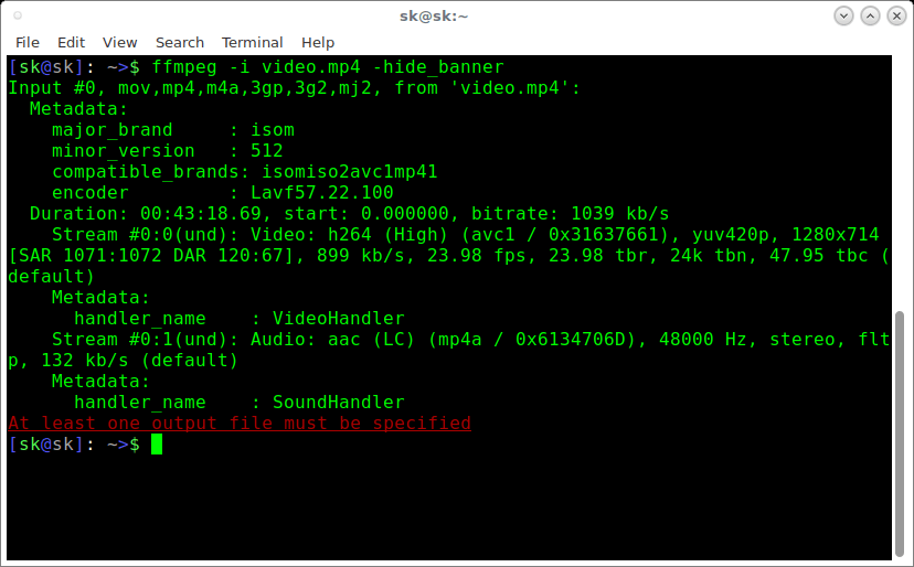 Linux terminal running FFmpeg command to inspect video.mp4 metadata, displaying codec, resolution, duration, audio details, and error requiring an output file.
