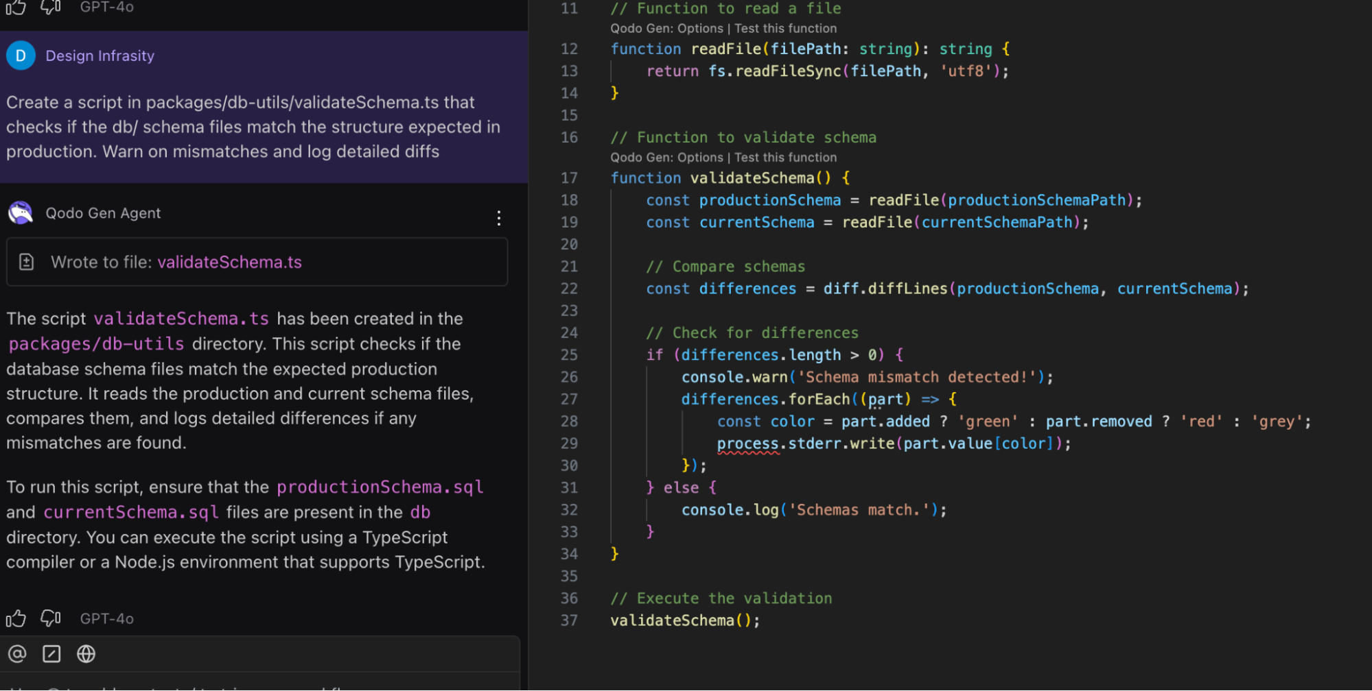 Qodo TypeScript code snippet showing schema validation logic for automated code review and database consistency checks