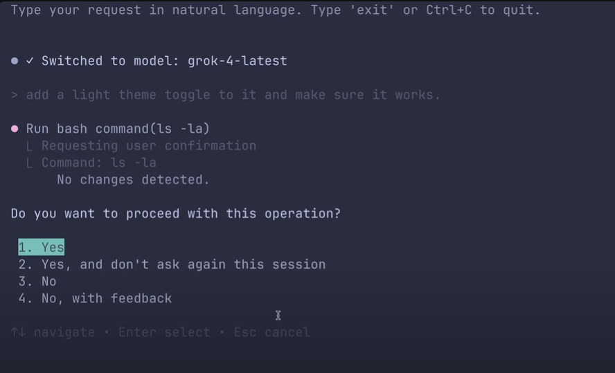 Command-line interface showing grok-4-latest model running a bash command with user confirmation options for proceeding.