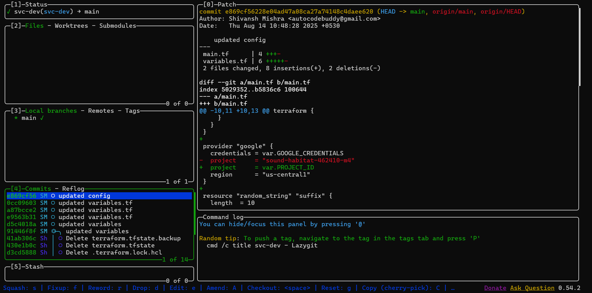 Lazygit interface showing Git commit history, diffs, branches, and staged Terraform configuration changes with Google Cloud provider settings