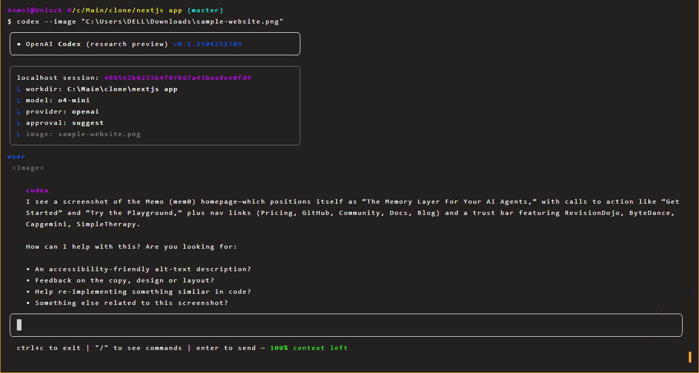 Terminal screenshot showing OpenAI Codex integration with a Next.js app, including commands for uploading an image and receiving AI-generated suggestions for accessibility alt text and design help.