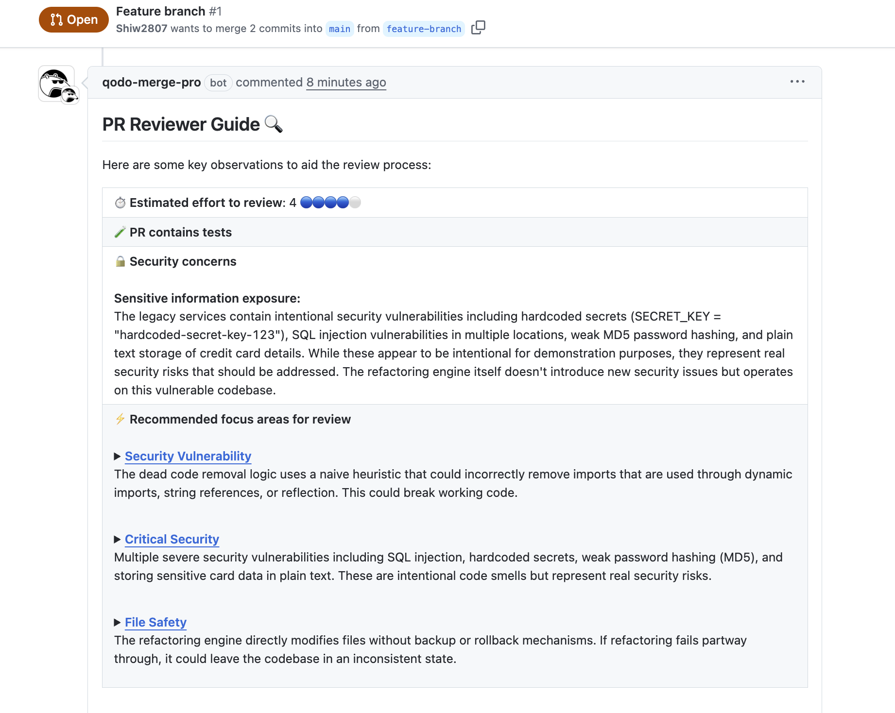 Qodo auto-generated a PR Reviewer Guide with several key observations 