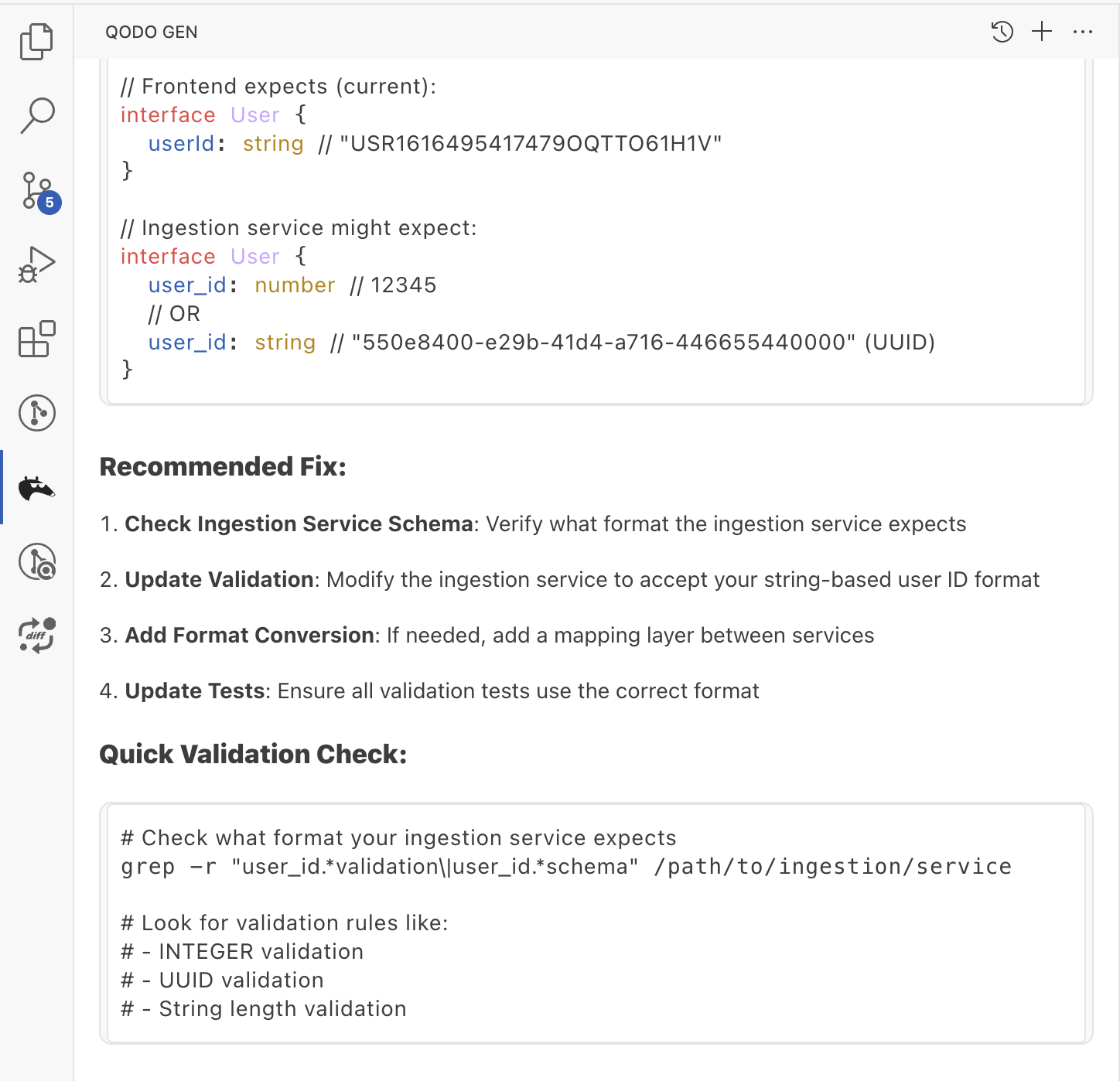 Qodo Gen AI code validation showing mismatch between frontend and ingestion service user ID schema with recommended fixes and quick validation check.
