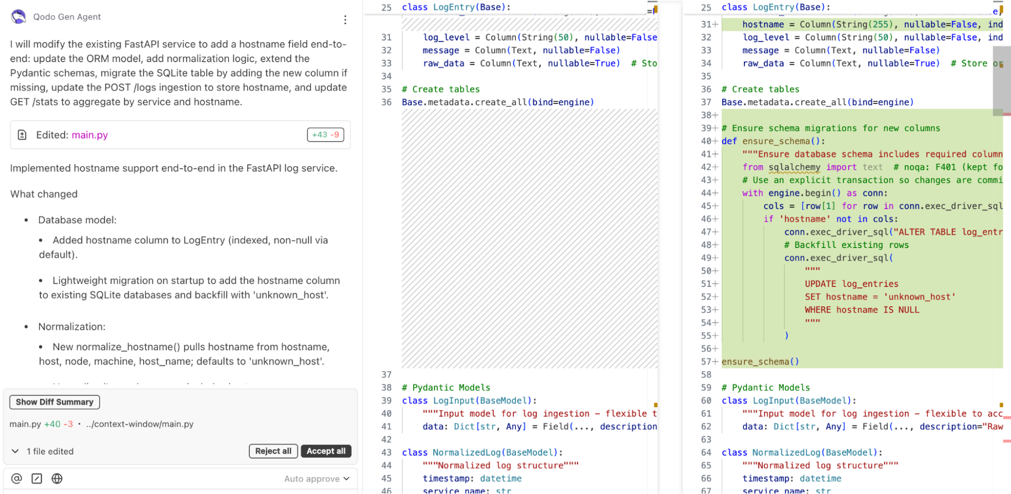 Qodo AI coding assistant updating FastAPI service with hostname normalization, database schema migration, and ORM model changes to streamline log ingestion across files.