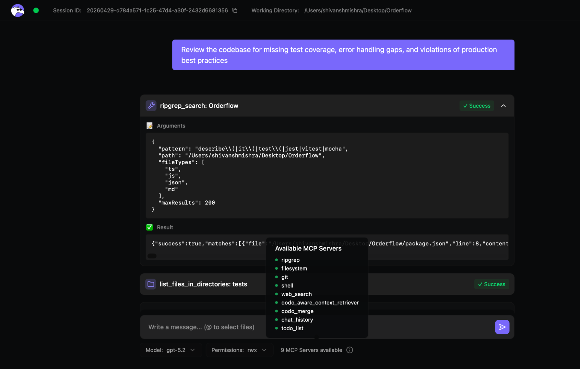 Qodo CLI web UI running at localhost:3000 showing an active codebase audit session with MCP servers panel and ripgrep search results