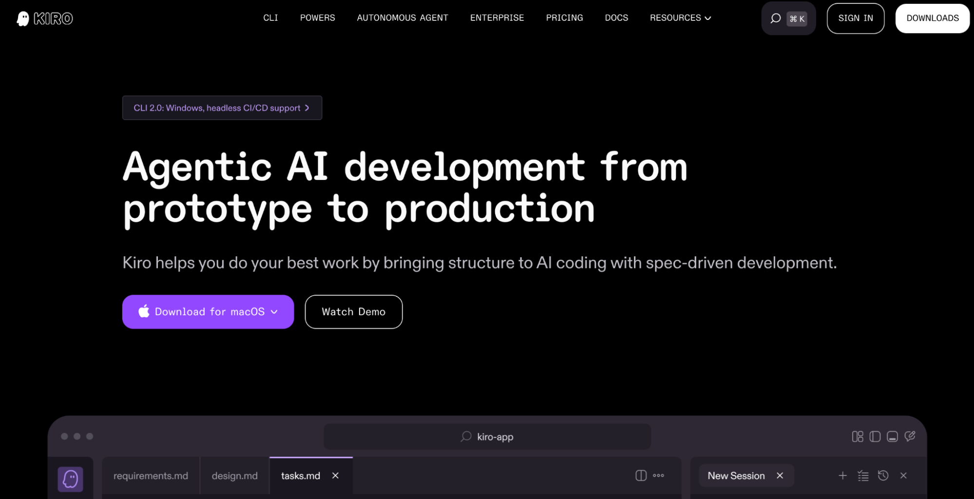 Kiro CLI homepage showing "Agentic AI development from prototype to production" with spec-driven development interface and Download for macOS button