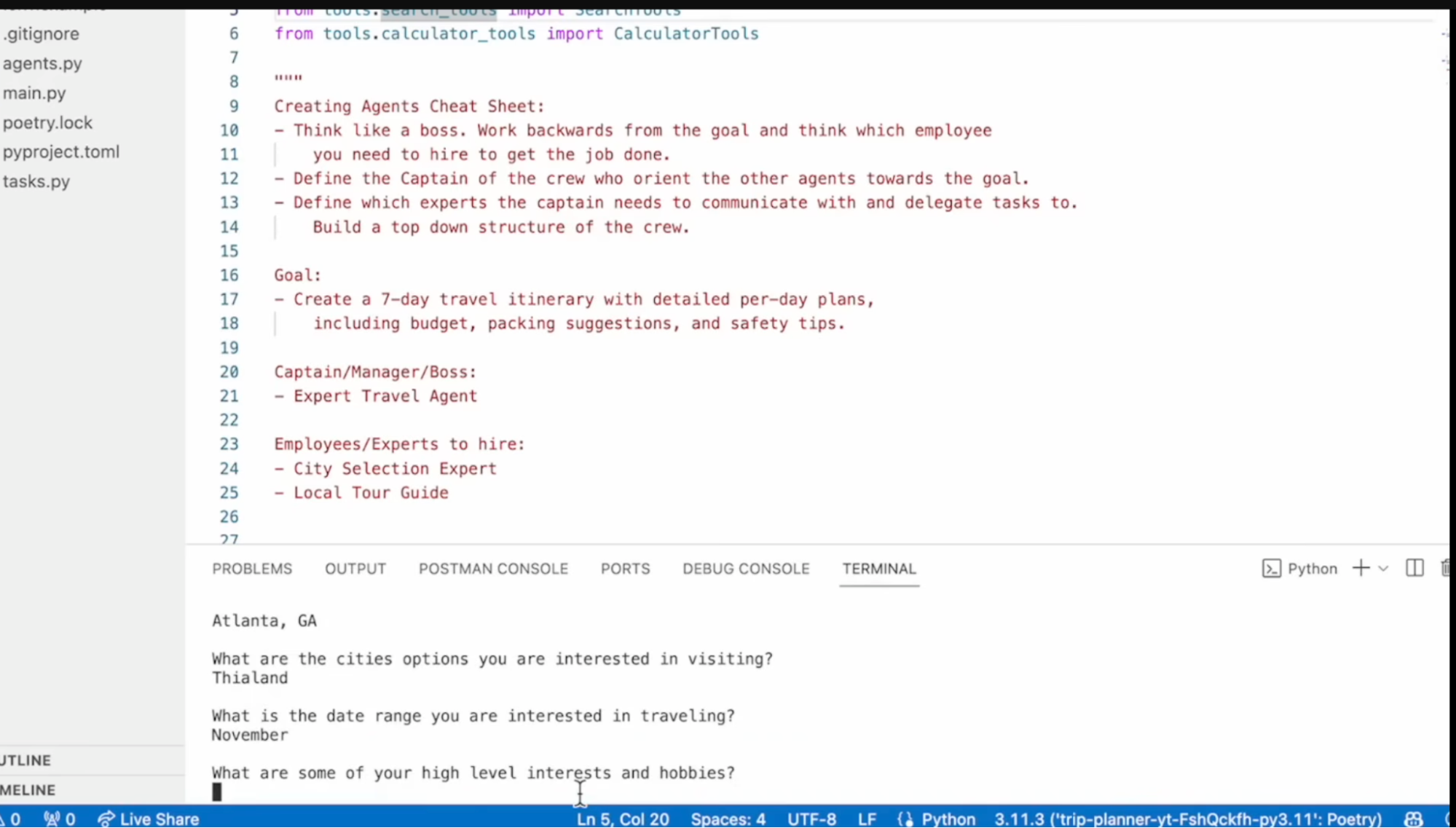 AI travel planning agents code snippet showing task delegation with Python, including expert travel agent roles, itinerary planning, and terminal input for city and date selection.
