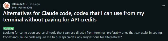 reddit thread about Claude Code Alternatives
